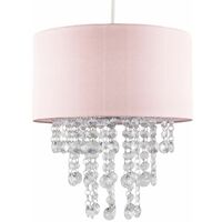 Pink Ceiling Pendant Light Shade with Clear Acrylic Jewel Droplets - No Bulb