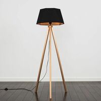 Copper Wood Tripod Floor Lamp + Black / Copper Geometric Shade 6W LED GLS Bulb Warm White