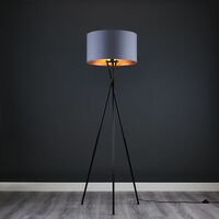 Floor Lamp Tripod Camden Light in Black with Cylinder Lampshade - Grey & Copper