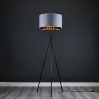 Floor Lamp Tripod Camden Light in Black with Cylinder Lampshade - Grey & Gold