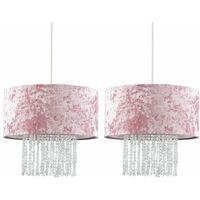 2 x Pink Velvet Ceiling Pendant Light Shades With Clear Acrylic Droplets + 10W LED Bulbs Warm White