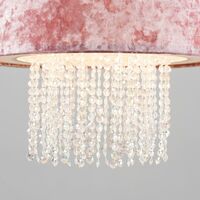 2 x Pink Velvet Ceiling Pendant Light Shades With Clear Acrylic Droplets + 10W LED Bulbs Warm White
