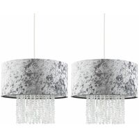 2 x Silver Grey Velvet Ceiling Pendant Light Shades With Clear Acrylic Droplets + 10W LED Bulbs Warm White