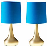 2 x Teardrop Touch Table Lamps with Cotton Shades + LED Dimmable Candle Bulbs - Gold & Blue