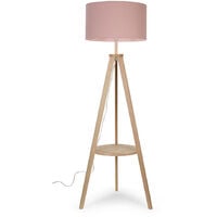 Morrigan Tripod Shelf Floor Lamp in Light Wood with Large Reni Shade - Pink - No Bulb