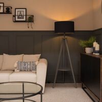 Tripod Shelf Floor Lamp in Grey with Large Drum Shade - Navy