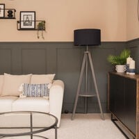 Tripod Shelf Floor Lamp in Grey with Large Drum Shade - Navy