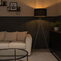 Floor Lamp Tripod Camden Light in Brushed Chrome with Cylinder Lampshade - Black