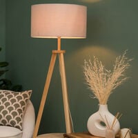 Tripod Shelf Floor Lamp in Light Wood with Large Drum Shade - Cool Grey