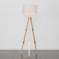 151cm Floor Lamp Wooden Tripod in Light Wood with Drum Shade - Cool Grey