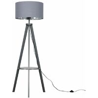 Tripod Shelf Floor Lamp in Grey with Large Drum Shade - Grey & Chrome