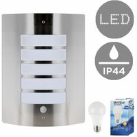 Stainless Steel & Frosted Curved IP44 Rated PIR Motion Sensor Outdoor Garden Wall Mounted Security Light - 10W LED GLS Bulb - Warm White