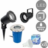 Pack Of 8 3 In 1 Ground / Wallpike Outdoor Lights Black Finish Ip65 + GU10 LED Bulbs - Warm White
