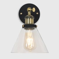 MiniSun - Industrial Black & Gold Wall Light With Clear Glass Conical Light Shade - No Bulb