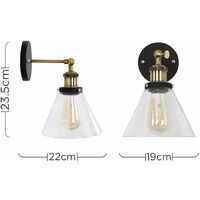 2 x Industrial Black & Gold Wall Lights With Clear Glass Conical Shades - No Bulb