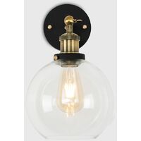Industrial Black & Gold Wall Light + An Amber Clear Glass Globe Shade - No Bulb