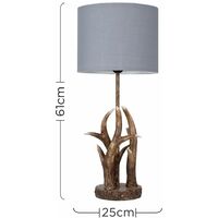 Caribou Antler Table Lamp In A Natural Finish + Small Drum Shade & 4W Filament LED Bulb - Grey