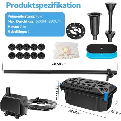 Biling Teichfilter Komplettset mit Pump 2500 l/h 40W Mit RGB LED Licht Teichpumpe mit Filter für Teiche Sauberes Wasser Pflegen Sie schöne Wasserspiele für Teich Garten Pool Außen, Atmosphäre Schaffen (1/5)