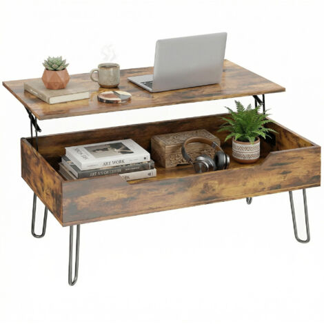 Table Basse Rectangulaire en Bois avec Grand Rangement Caché, Hauteur Réglable, 95 x 50 x 40 cm, Marron Rustique (1/5)