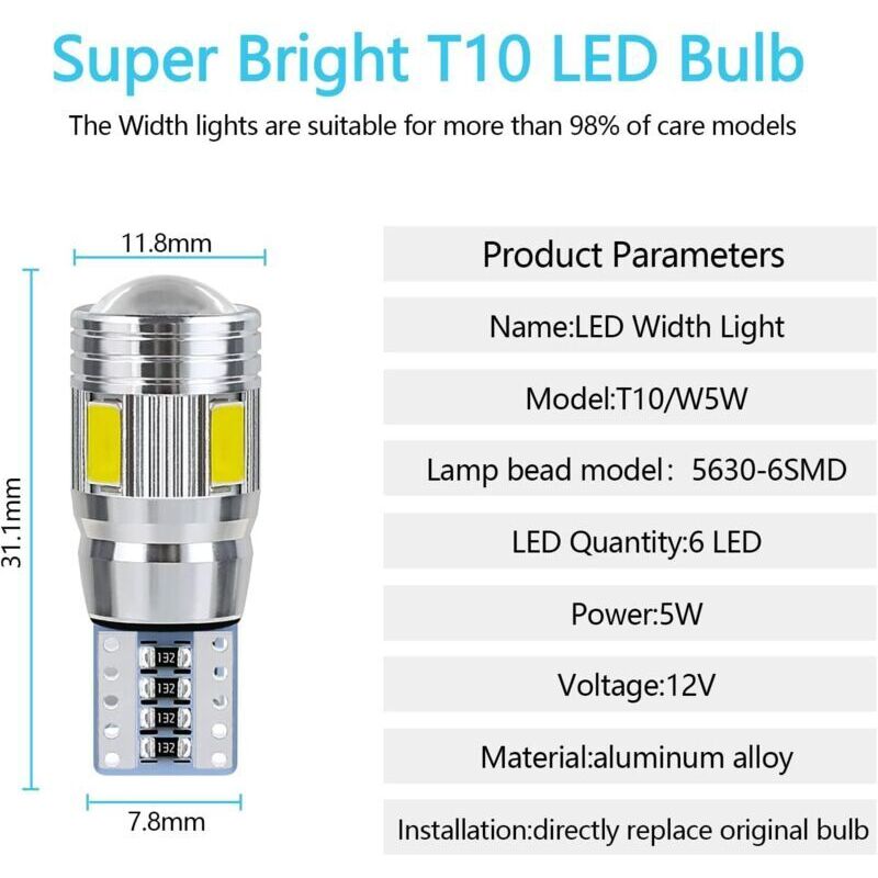 Lot De 4 Ampoules LED T10 W5W 12V - Blanc Et Multi-couleurs - Pour Intérieur Voiture & Plaque - 30.000h