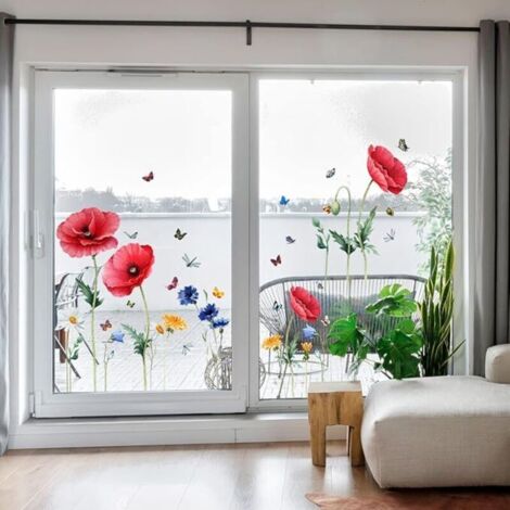 HaoFuJi Sticker Fenêtre Fleurs Autocollants Décoratifs Anti Collision Stickers Papillon Plantes Stickers Vitre Anti-Adhésifs Fenêtre Porte Salle de Bain Décalques Chambre Adulte