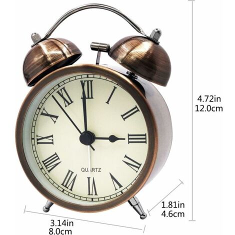 Réveil à double cloche en métal, vintage, sans tic-tac, réveil analogique silencieux avec veilleuse pour la maison, le bureau, les chevets, la chambre