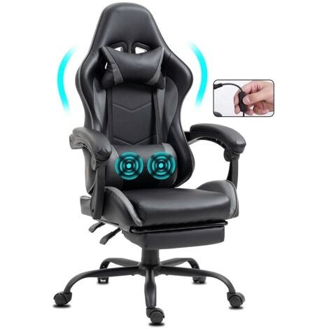 Chaise Gaming ergonomique avec repose-pieds et massage gris