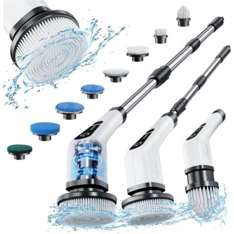 Brosse Electrique Nettoyage Rotative, Brosse de Nettoyage sans Fil avec 8 Têtes de Brosse Remplaçables, Electric Spin Scrubber avec Poignée Réglable de 139.7cm pour Salle de Bain Cuisine Voiture
