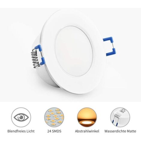 Juego de luces LED empotrables de techo, 5W, 230V, 3000K, 500 lúmenes, lámpara de techo empotrable plana ultradelgada, resistente al agua, IP44 para baño, cocina, dormitorio, etc. (blanco, redondo) (1/5)