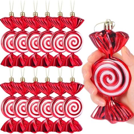 12 décorations de Noël en forme de bonbons, à suspendre, idéales pour décorer le sapin, les fêtes de Noël et la maison (rouge) (1/4)