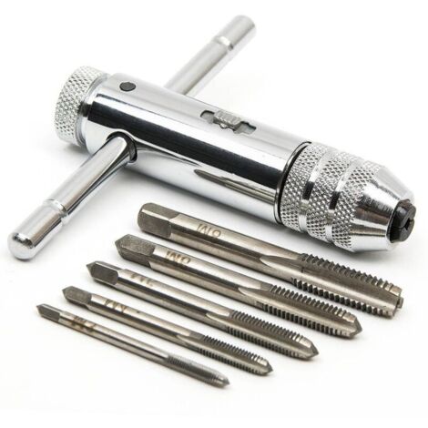 Tarauds à main-Tarauds Métrique-Tarauds et filières-M3 M4 M5 M6 M8 Tarauds-Tarauds à fileter-avec Porte taraud réversible à cliquet (1/5)