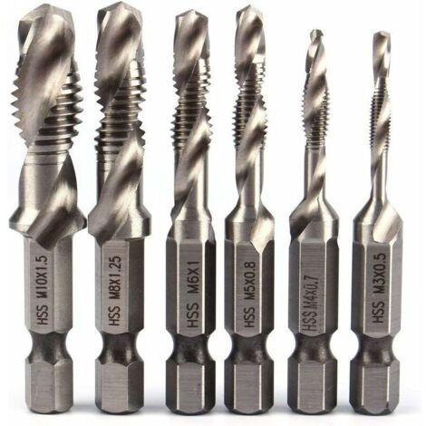 6pcs HSS Jeu de Foret Mèche à 1/4" Tige Hexagonale Set Robinet de Foreuse de Combinaison HSS Bit M3-M10 Filetage Métrique Drill Pour Bois fer Aluminium Argent (1/5)