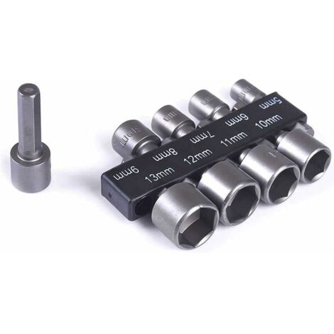 Lot de 9 Forets à Douille de 5 à 13 mm, Jeu de Douilles à Embouts, pour Perceuse à Queue Hexagonale 1/4", Tournevis Électriques et Perceuses, Visseuse Sans Fil (1/5)