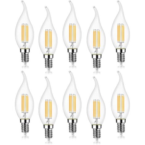 Lot de 10 4W Ampoule de Filament LED E14 470LM Flamme Bougie Blanc froid 6000K, Non-Dimmable, Angle de Faisceau 360°