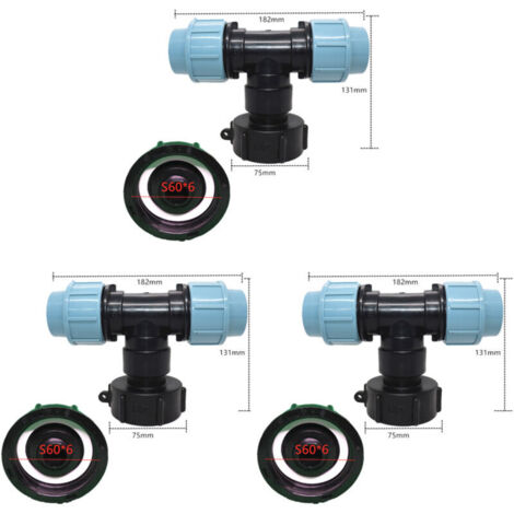 Lot de 3 Adaptateur de réservoir IBC S60 x 6 - Raccord en T pour raccord de tuyau d'eau - Sortie en T (sortie en té 32mm) (1/4)