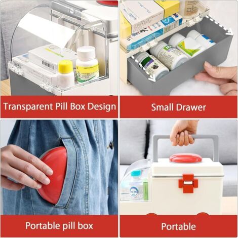 Boîte à Pharmacie 2 Niveaux Gris – Organisateur Médicaments Ultra-Pratique Avec Compartiment Amovible