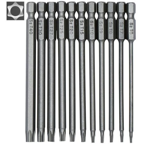 Jeu de 11 embouts longs Torx pour tournevis et visseuse électrique - Embouts magnétiques - Tige hexagonale de 1/4" - Tailles T6 à T40 - Longueur 100 mm (1/5)