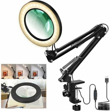Lampe de bureau LED grossissante 5X \u2013 3 couleurs lumineuses 10 luminosités à intensité variable \u2013 Loupe alimentée par USB avec bras pivotant réglable et pince de serrage pour travaux manuel (1/5)