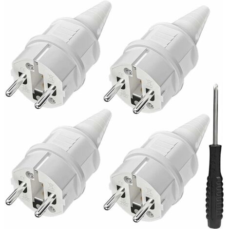 Fiche Schuko avec protection contre le pliage [4 pièces], 4 x fiches de contact de terre en caoutchouc (250 V/16 A) + 1 x tournevis, fiche de prise extérieure, fiche secteur IP44 étanche pour l'extéri (1/5)