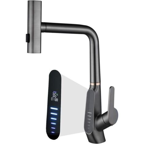 Robinet de mélange d'évier de cuisine en cascade avec pulvérisateur extractible, robinet d'évier de cuisine à 3 modes, rotation à 360 °, affichage numérique, robinet de cuisine à vis unique, 59A en cu (1/5)