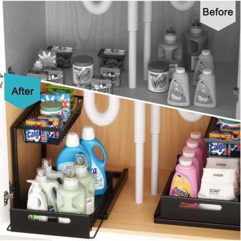 KANCAMPI Rangement Sous Évier Tiroir Coulissant Blanc - Organisateur Cuisine Salle De Bain Métal, Hauteur Réglable