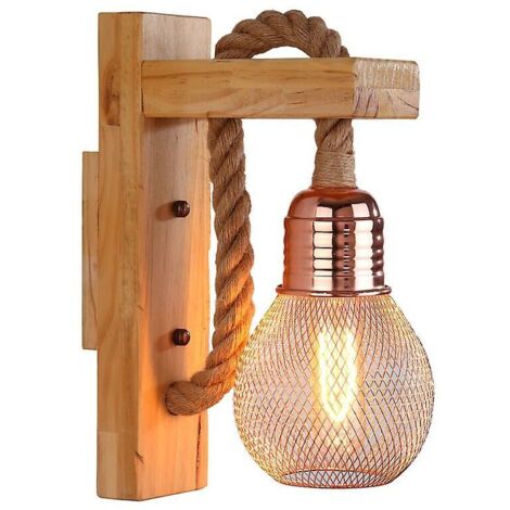 Applique murale industrielle à Led en corde de chanvre / Lampe en bois, E27 Basepink