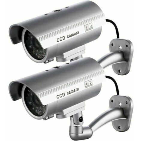 2 x Camera Factice Caméra Extérieure Factice Pour une Utilisation Intérieure ou Extérieure Avec une Forme de Balle LED Clignotante （Argent）