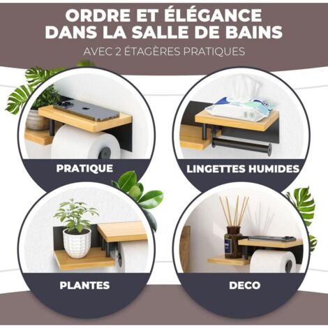 ZkateTrade Porte Papier Toilette Bois Sans Percage - Derouleur Mural Adhésif 3M Ou Vis - Porte-Papier WC Cuisine - Bambou & Inox, 2 Compartiments