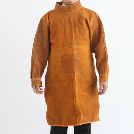 Tablier de travail de soudure en cuir ignifuge, résistant à l'usure, anti-brûlure vêtements de protection de soudure 130cm manches longues jaune (1/5)