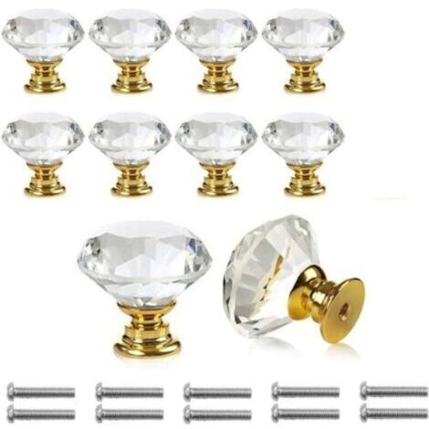 Poignée à trou unique 10 pièces, poignée de porte en cristal de diamant transparent, décoration d'armoire à tiroirs de meubles, avec vis (1/5)