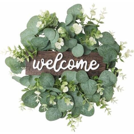 Couronne D'eucalyptus Artificielle Verte 30 cm Couronne Ronde Avec Panneaux en Bois Fleurs Blanches et Vertes Décoration Murale Couronne D'été (1/5)