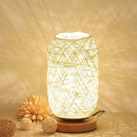 Lampe de chevet en bois et corde de chanvre – LED rechargeable USB – Intensité variable – IP65 – 14x12x23 cm (1/5)