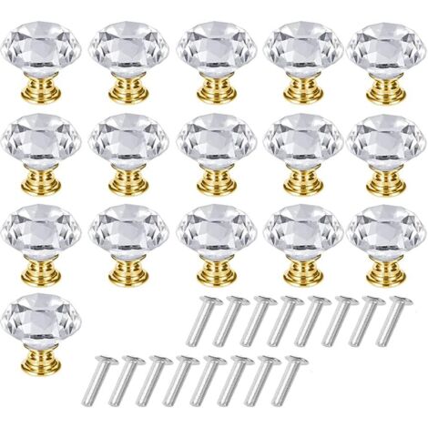 16 Pièces Poignée d'Armoire Cristal, Bouton de Placard Cristal, Poignée de Tiroir en Cristal, Solide Bouton de Meuble en Cristal Transparent avec Vis pour Coiffeuse, Armoire(Doré, Transparent) (1/5)