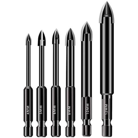 6Pcs Verre Mèche Set 4/5/6/8 / Carbide Tipped Carreau De Semis 10 / 12mm Bit Hex Shank Spear Head Mèche Pour Tuiles En Céramique De Verre Miroir Porcelaine Marbre